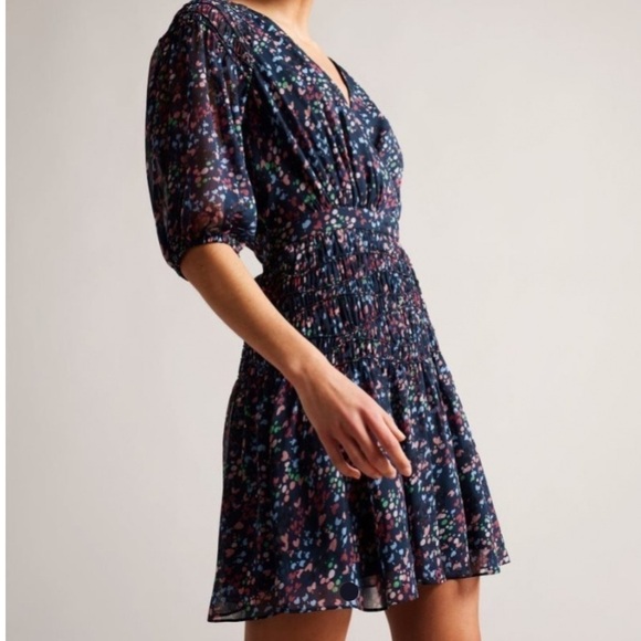 #43 NWT Ted Baker Casadee Smock Panel Wrap Mini Dress in Dark Navy - Picture 3 of 8